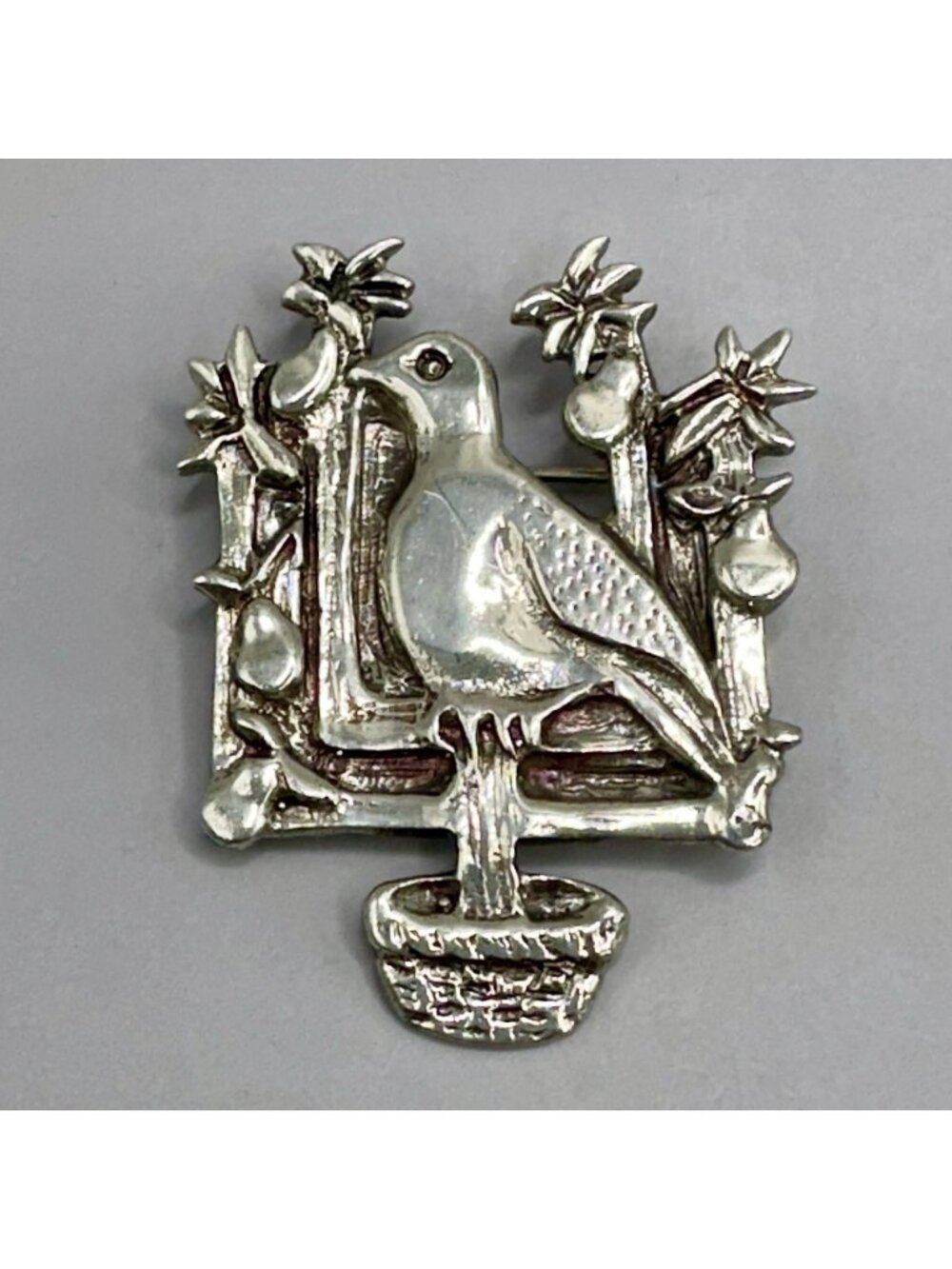 Partridge Bird In A Pear Tree Brooch Signed Hogan & Bolas Sterling Silver Pin